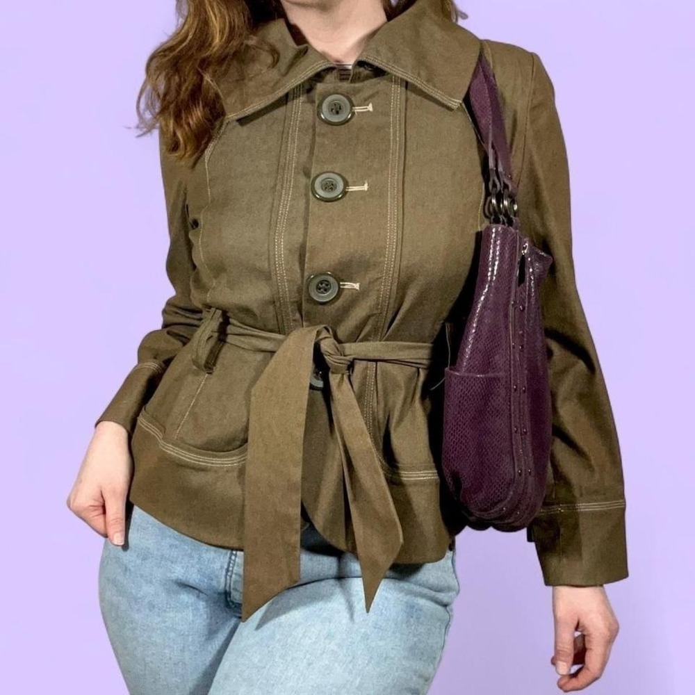 Vintage Y2K Robert Louis Khaki Belted Jacket Womens L Retro Chic Chunky Collar